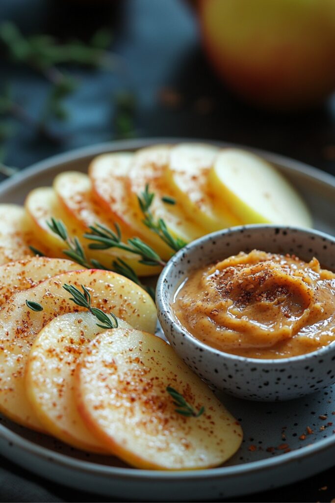 sliced apples arranged on a plate next to a small bowl of almond butter on a kitchen counter