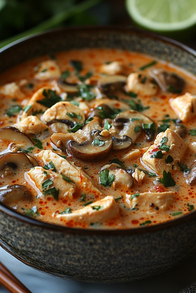 A bowl of Thai Chicken Coconut Soup with chicken, mushrooms, and cilantro on a rustic table.