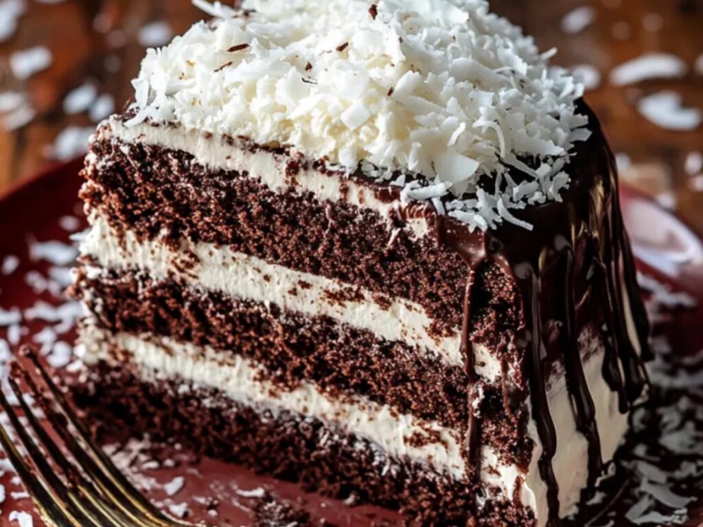 A chocolate cake layered with coconut cream, topped with toasted coconut flakes.