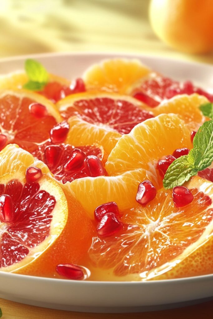 A vibrant mix of oranges, grapefruit, tangerines, and pomegranate seeds, tossed in citrus honey dressing.