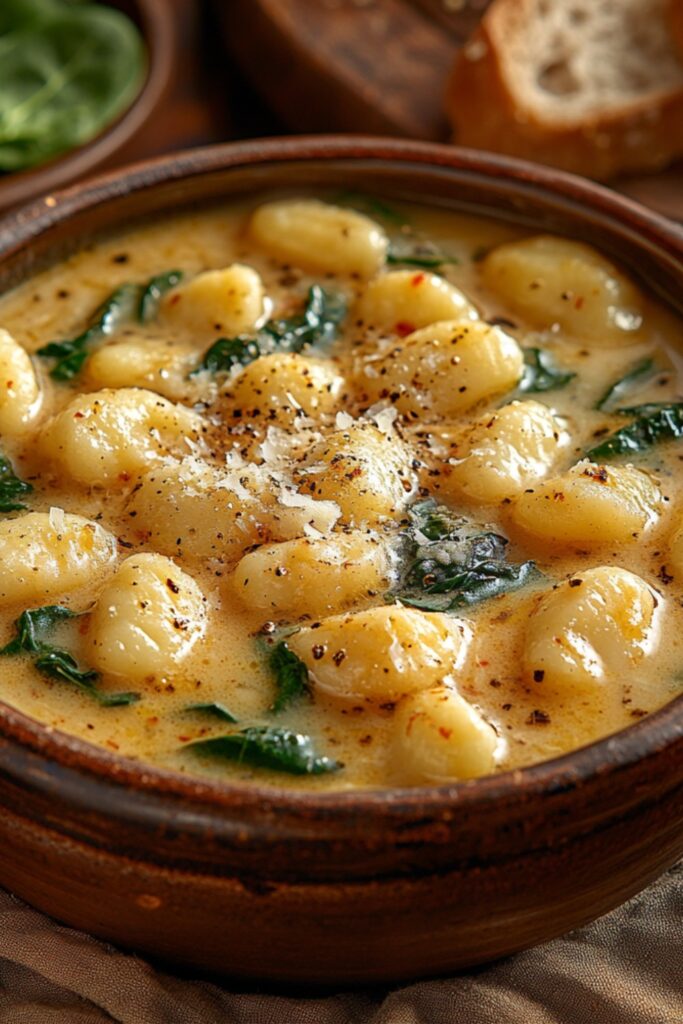 A bowl of creamy chicken gnocchi soup with spinach and Parmesan on a rustic table.