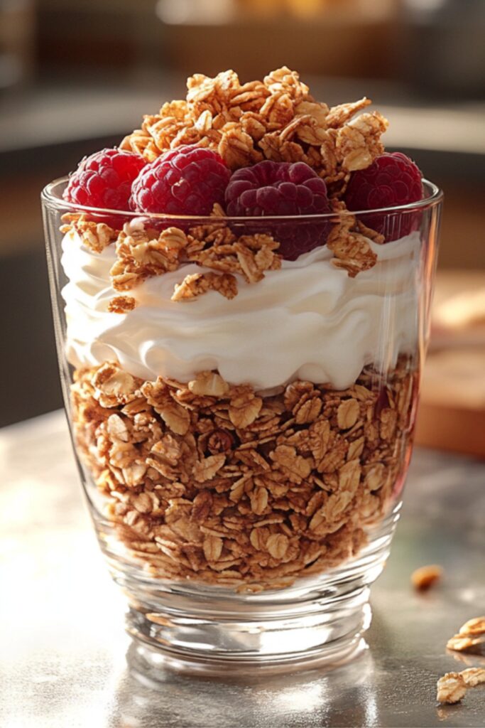 a layered parfait of Greek yogurt, granola, and fresh berries in a clear glass on a bright countertop