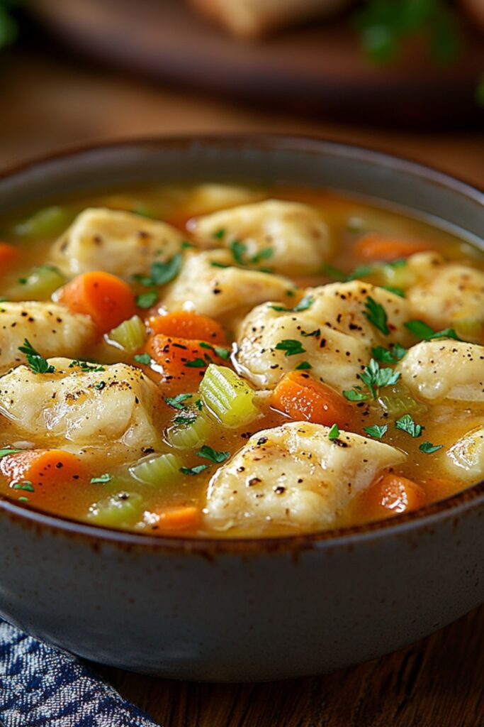 A warm bowl of chicken and dumpling soup with fluffy dumplings, chicken, carrots, and celery, garnished with parsley on a rustic table.