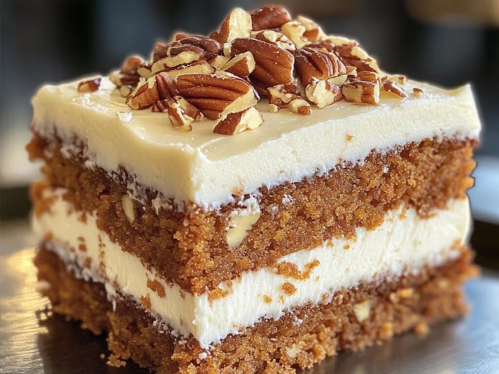 A spiced carrot cake with cream cheese frosting and chopped walnuts.