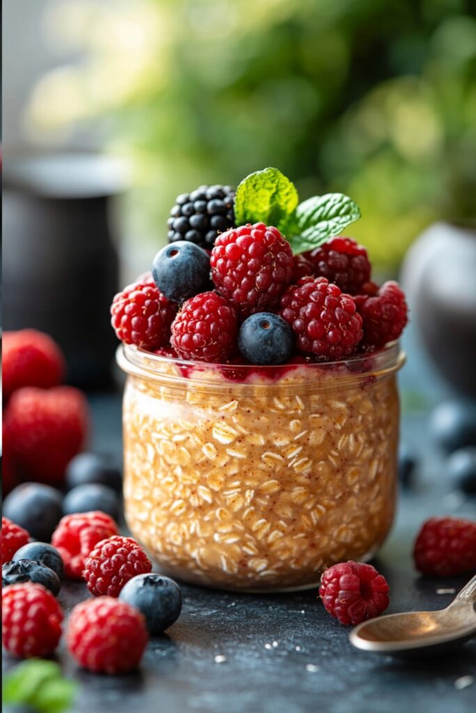 a jar of overnight oats topped with assorted berries and a spoon resting beside it on a kitchen table