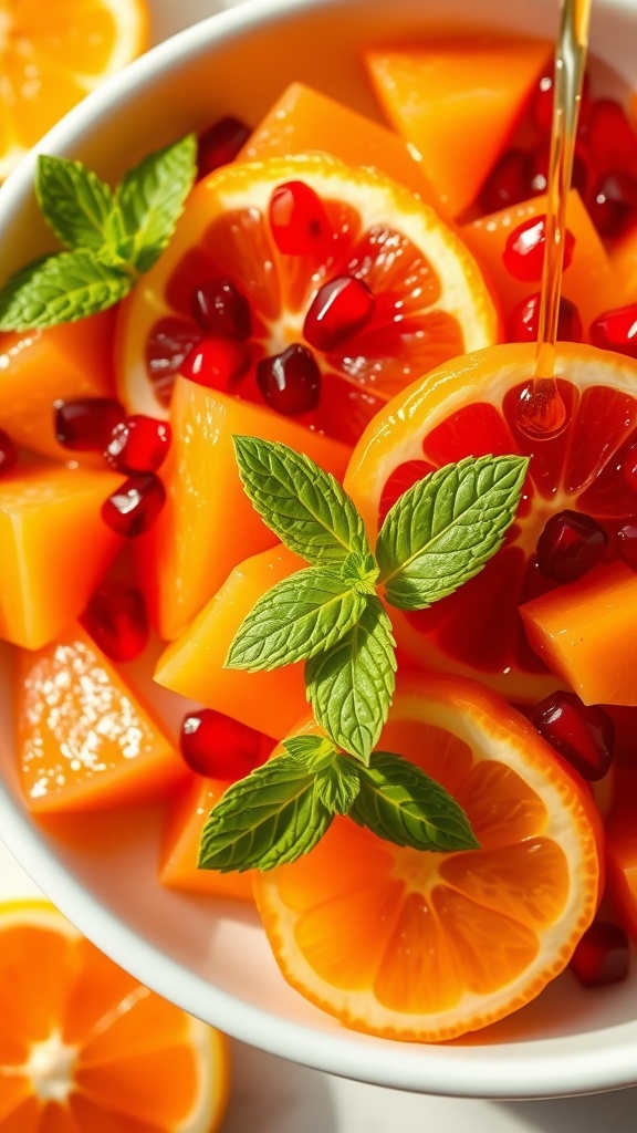 A colorful bowl of citrus salad with oranges, grapefruits, and pomegranate seeds, garnished with mint leaves.