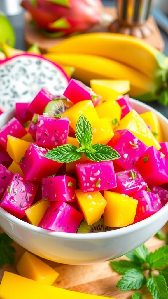 A colorful salad made with dragon fruit, mango, pineapple, and kiwi, garnished with mint leaves.