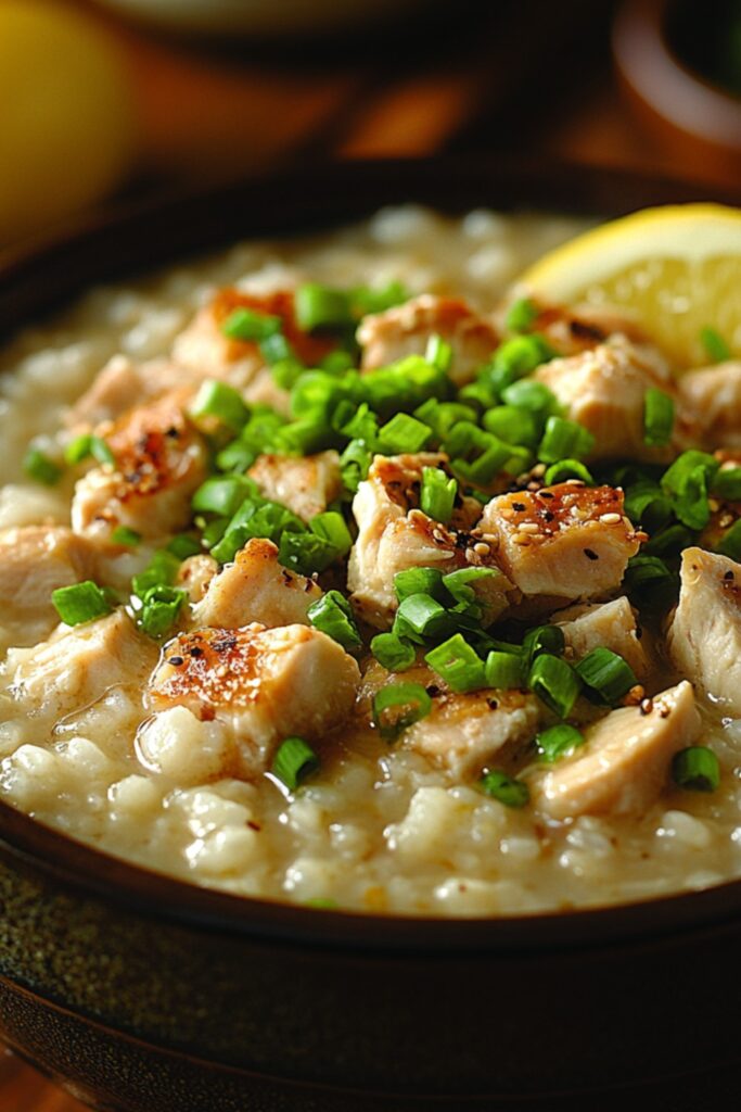 A bowl of chicken arroz caldo, with rice porridge and green onions, on a wooden table with a lemon wedge.