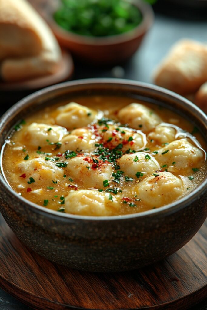 A bowl of American Chicken and Dumpling Soup with fluffy dumplings and vibrant broth.