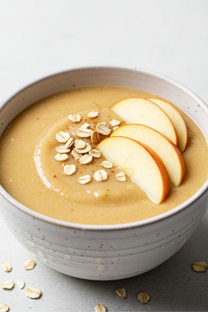 A bowl filled with a creamy smoothie made from fresh apples, rolled oats, and a hint of cinnamon, garnished with apple slices and a sprinkle of cinnamon, placed on a rustic wooden table.