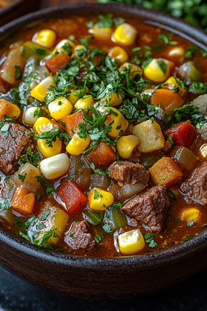 A bowl of Argentinian Locro soup with meat, corn, and vegetables.