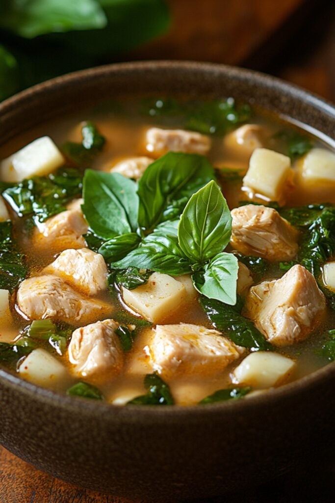 Bowl of authentic Filipino Tinola soup with chicken, ginger, and leafy greens.