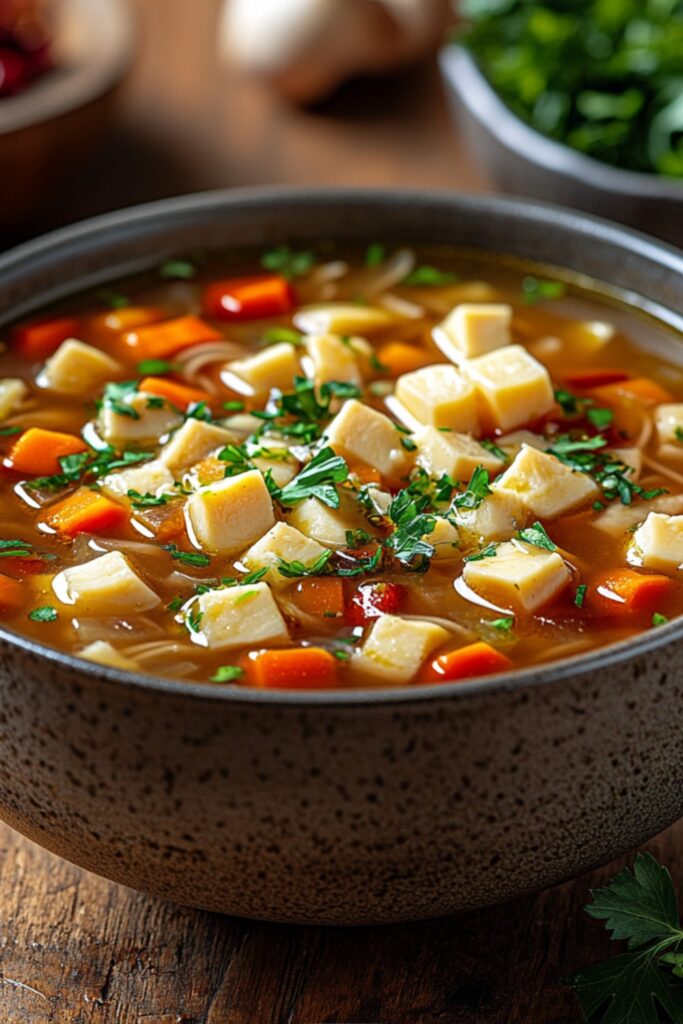 A bowl of Authentic German Hühnersuppe with chicken and vegetables.