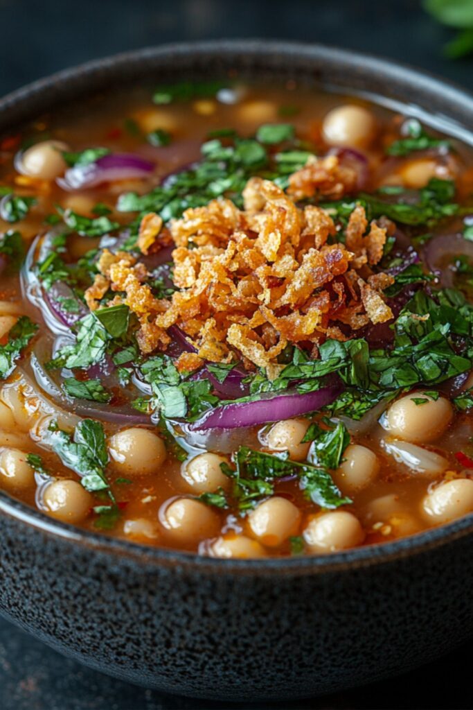 A bowl of Persian Ashe Reshteh soup with noodles, beans, and garnished with herbs.