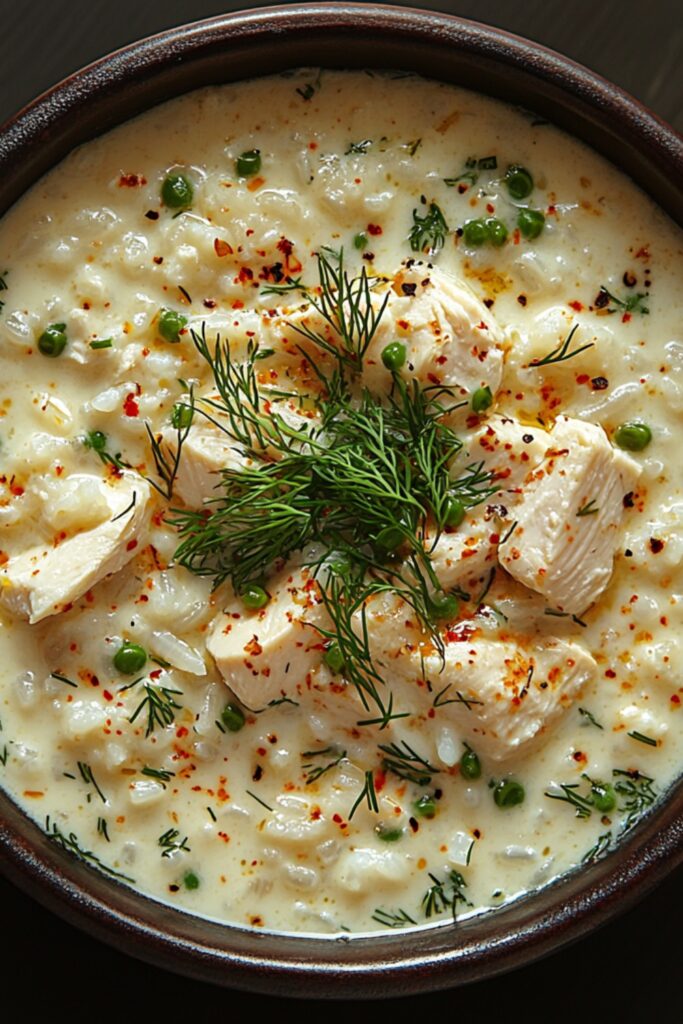 A bowl of Turkish Tavuk Çorbası with shredded chicken, herbs, and rice