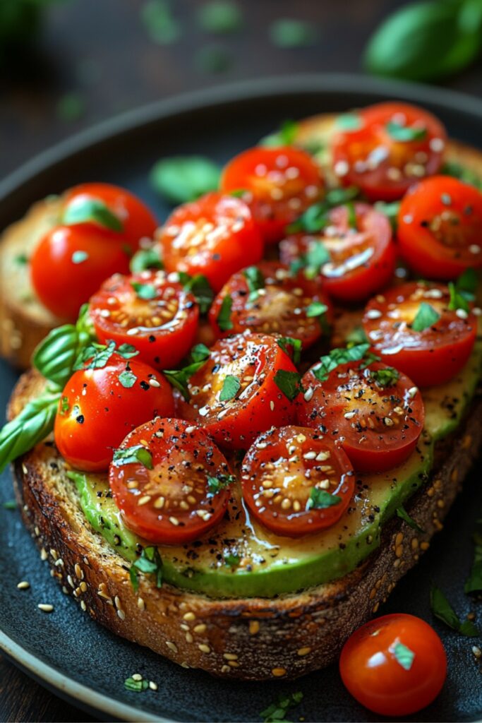 a colorful plate of avocado toast topped with cherry tomatoes and fresh herbs on a rustic wooden table