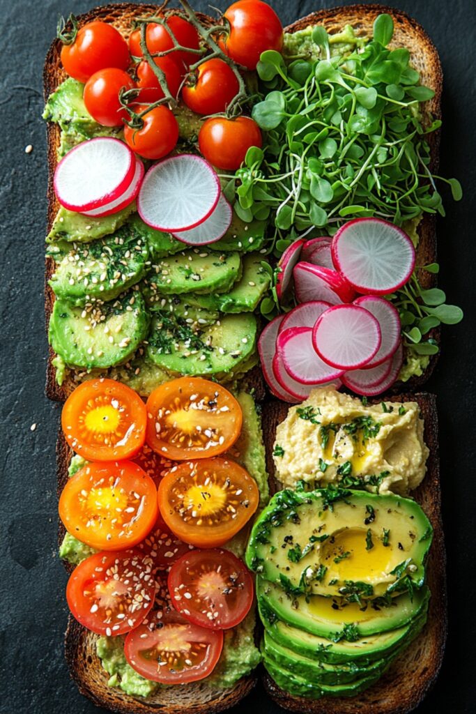 Various avocado toast toppings with vegetables and bread