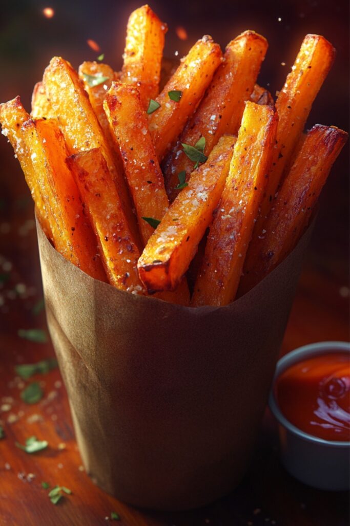 crispy baked sweet potato fries served in a basket with a dipping sauce on the side