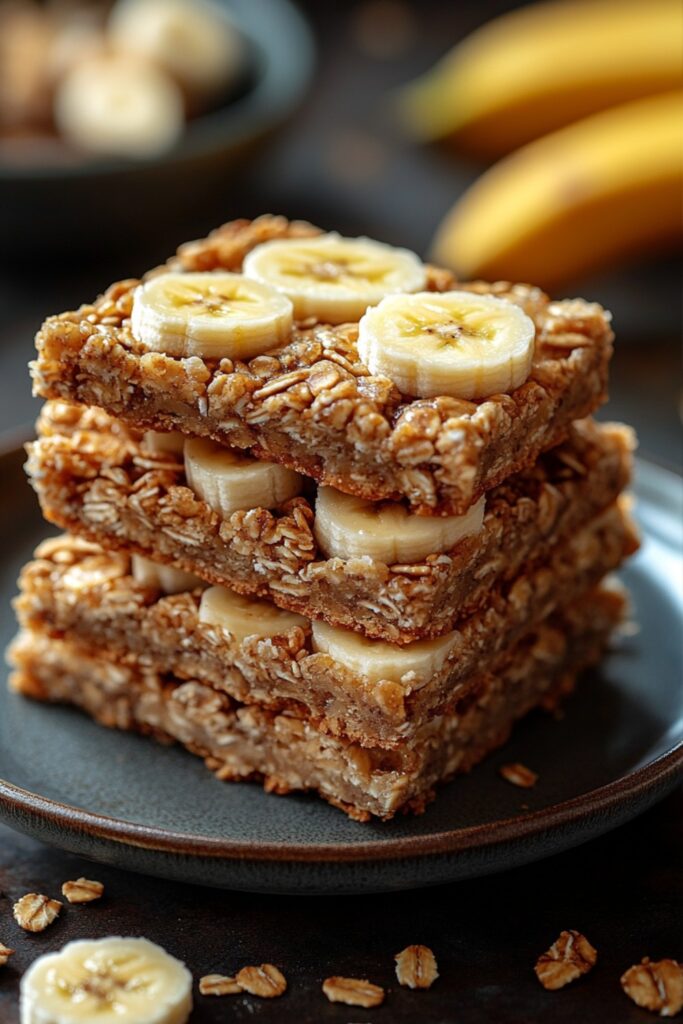 Banana granola bars with sliced bananas on a plate