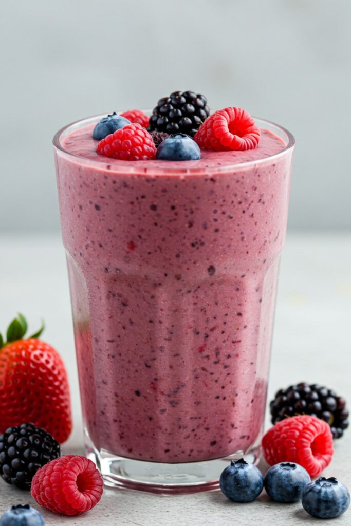 A tall glass filled with a vibrant purple smoothie made from a blend of mixed berries and protein powder, garnished with fresh berries and a sprig of mint, placed on a rustic wooden table.