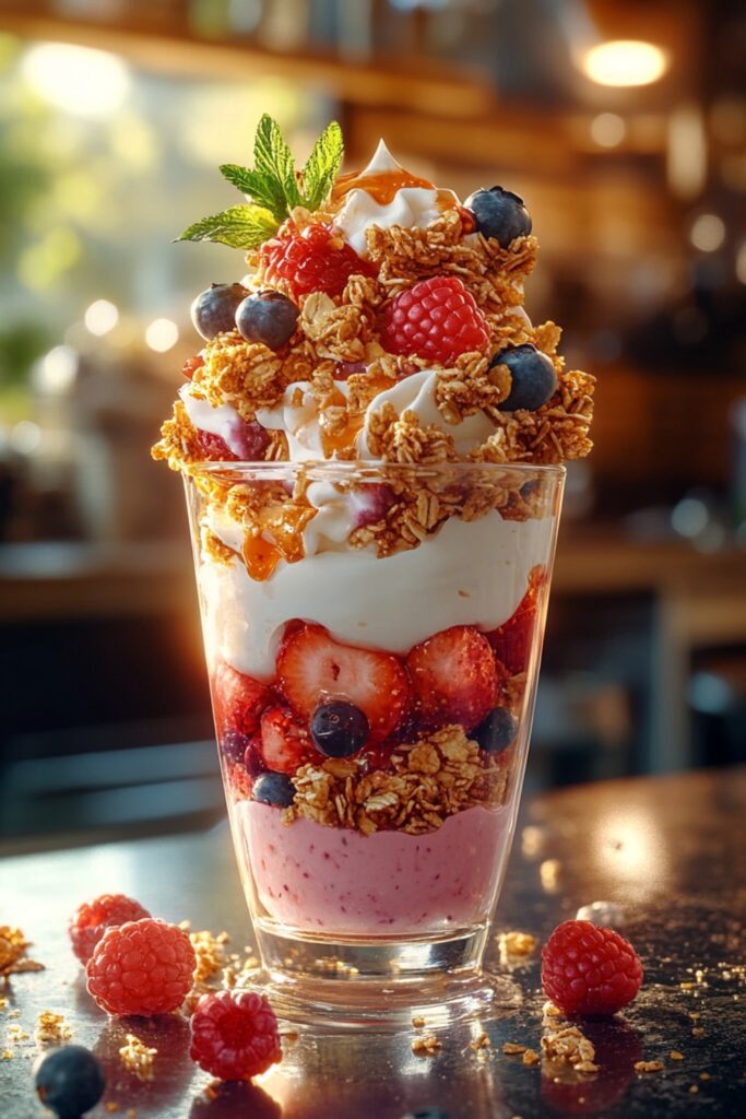 High-quality, photorealistic image of a berry yogurt parfait layered with fresh berries and granola in a tall glass