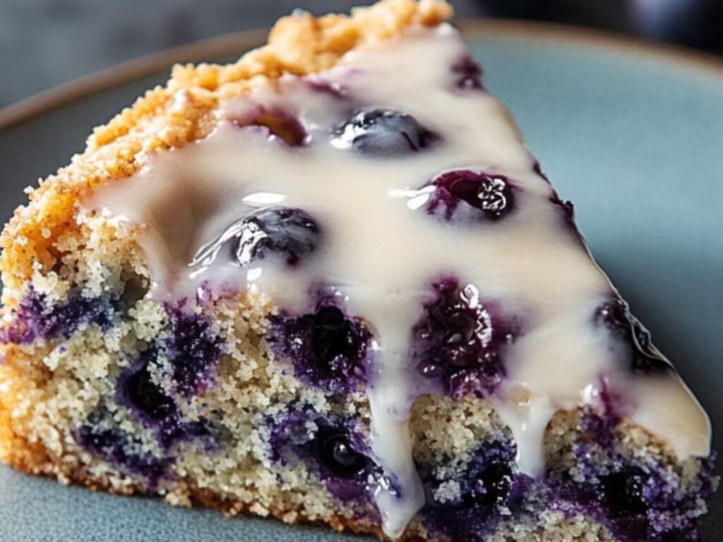 A soft blueberry cake with a creamy filling and crunchy crumble topping.