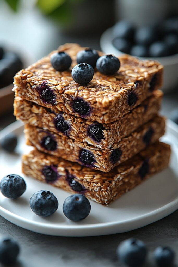 A stack of blueberry granola bars with fresh blueberries scattered around.