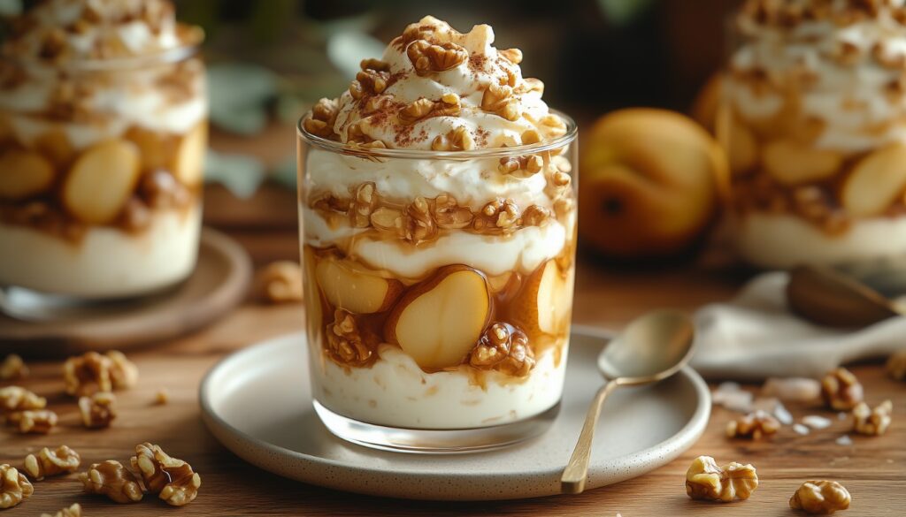 Fresh ingredients for caramelized pear and walnut yogurt parfait, including Greek yogurt, ripe pears, walnuts, honey, and cinnamon, arranged on a wooden kitchen counter.