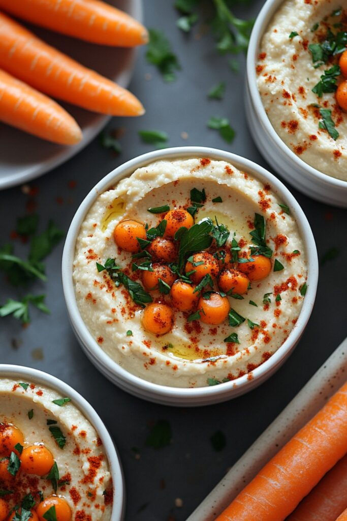 individual cups of hummus with carrot sticks arranged neatly on a table