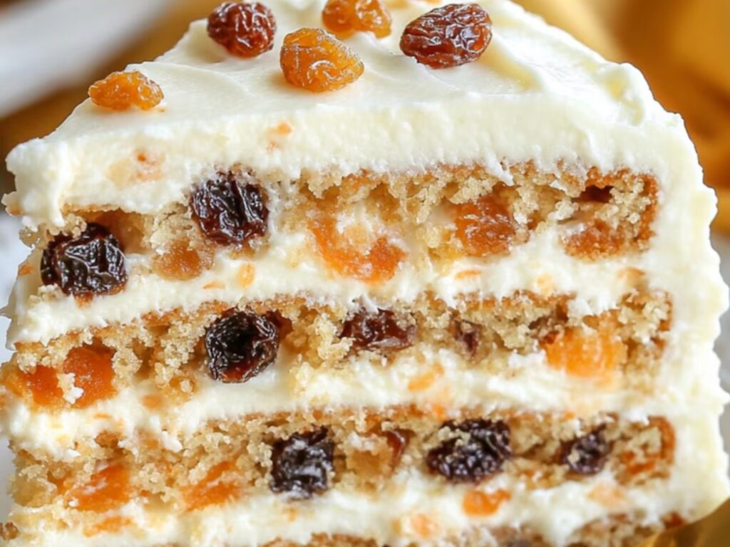 Carrot and Raisin Layer Cake with cream cheese frosting and toppings