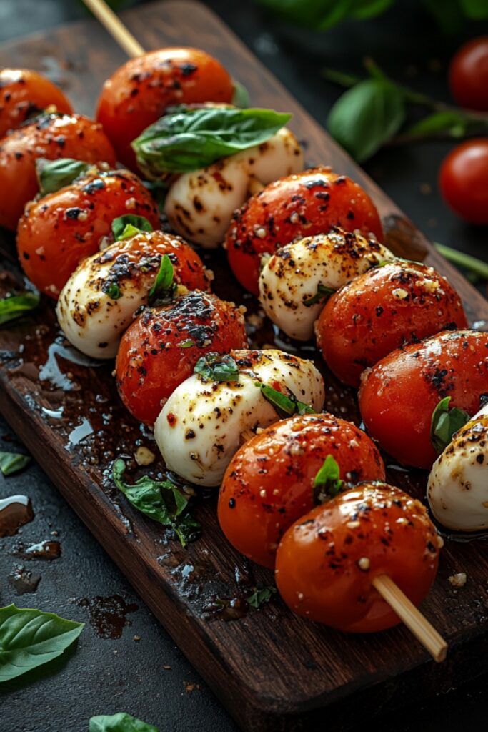 Caprese skewers with cherry tomatoes, mozzarella balls, and basil displayed on a wooden board