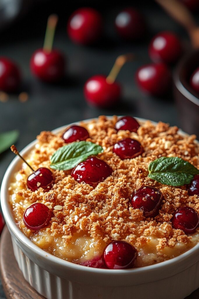 A delicious cherry almond crumble in a white bowl with scattered almonds and fresh cherries around it.