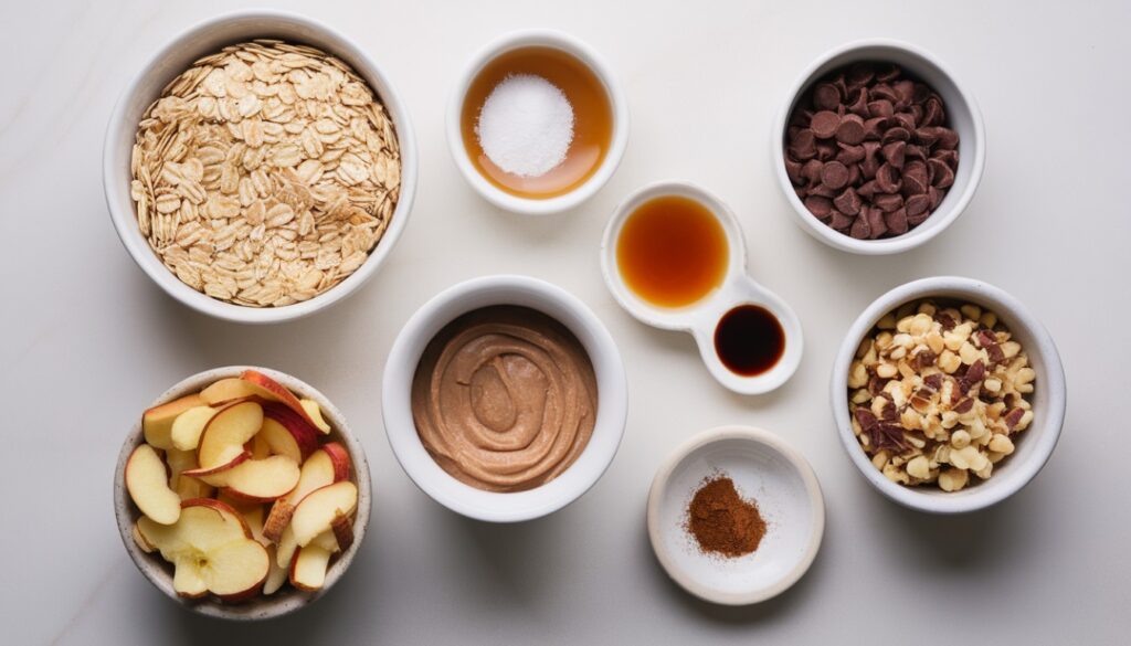 Ingredients for chewy apple cinnamon granola bars: rolled oats, nut butter, dried apples, cinnamon, honey or maple syrup, chopped nuts, chocolate chips, vanilla extract, and salt, arranged in small bowls on a white surface