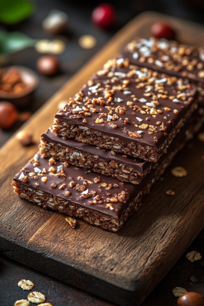 Granola bars with a crunchy coconut base, dipped in melted dark chocolate and sprinkled with coconut flakes.