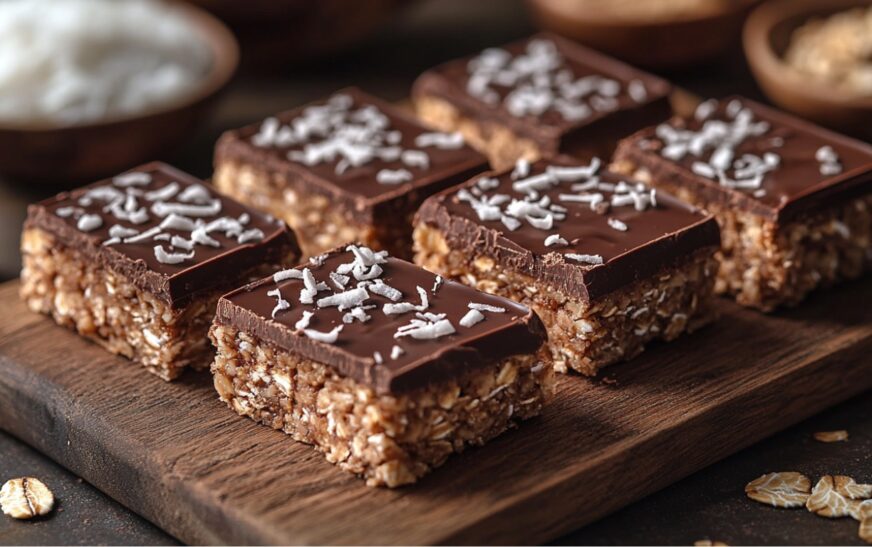 A homemade chocolate-dipped coconut granola bars arranged on a rustic wooden board. The bars are beautifully coated in dark chocolate, with flakes of coconut sprinkled on top, and a few oats scattered around for a natural touch. Soft light highlights the texture of the bars, inviting you to grab one for a healthy snack.