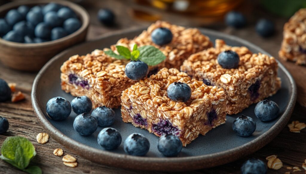 Homemade blueberry granola bars with a chewy texture, packed with oats and dried blueberries.