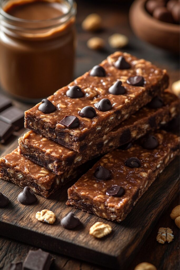 Vertical shot of peanut butter granola bars stacked with a jar of peanut butter in the background.