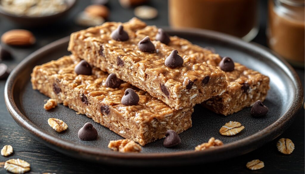 Close-up of homemade peanut butter granola bars with visible oats and nuts.