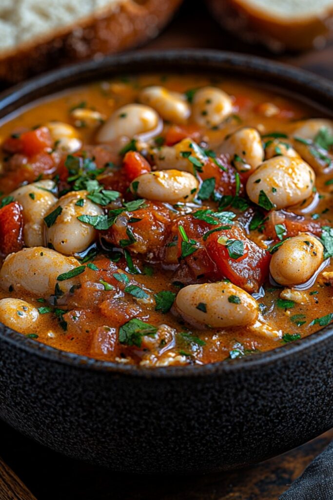 A hearty bowl of creamy chicken and white bean chili garnished with fresh cilantro. The chili is rich and thick, showcasing chunks of chicken, white beans, and tomatoes. A rustic wooden spoon rests beside the bowl, and a slice of crusty bread is on the table, inviting you to dip it into the warm chili.