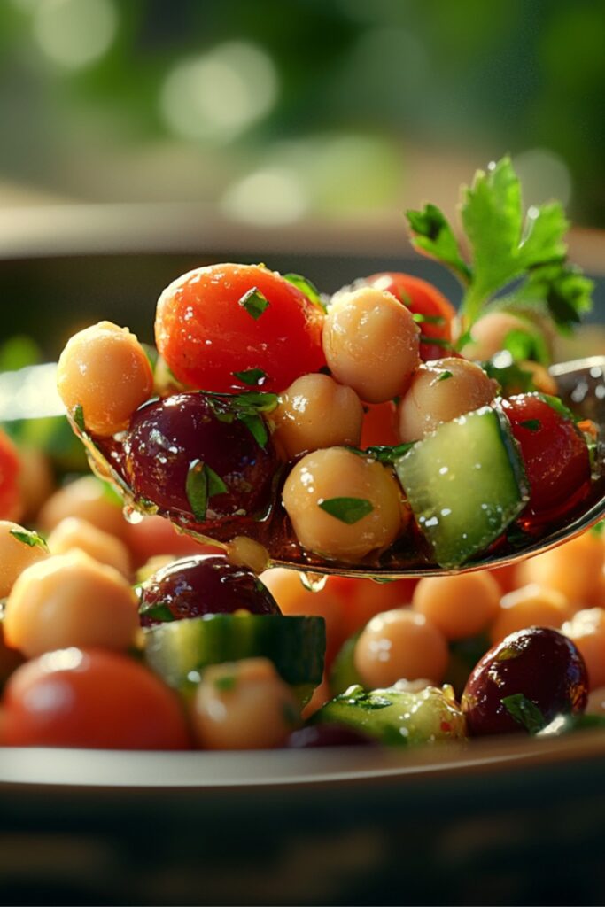 A spoon lifting a serving of vibrant Mediterranean chickpea salad with golden chickpeas, diced cucumbers, and olives, glistening under natural light.