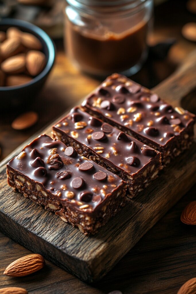 Chewy chocolate almond granola bar with chocolate chips and almonds on a wooden table.