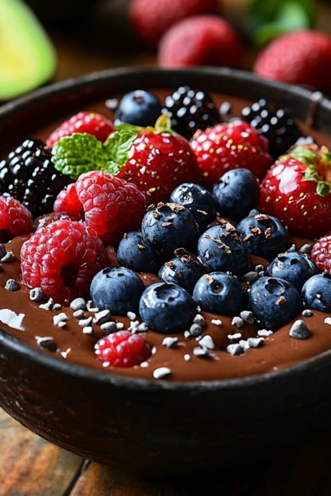 A luscious chocolate avocado pudding garnished with fresh strawberries, raspberries, blueberries, blackberries, and chocolate shavings, served in a rustic bowl.