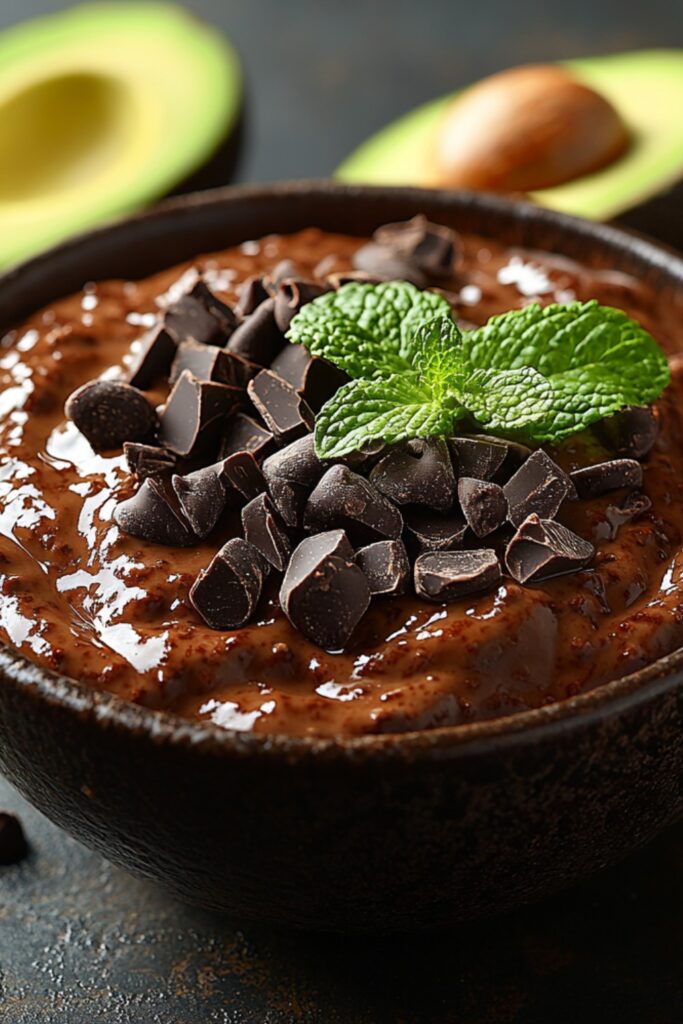 A velvety chocolate avocado pudding drizzled with rich caramel sauce, presented in an earthy-toned ceramic bowl with a fresh mint leaf nearby.