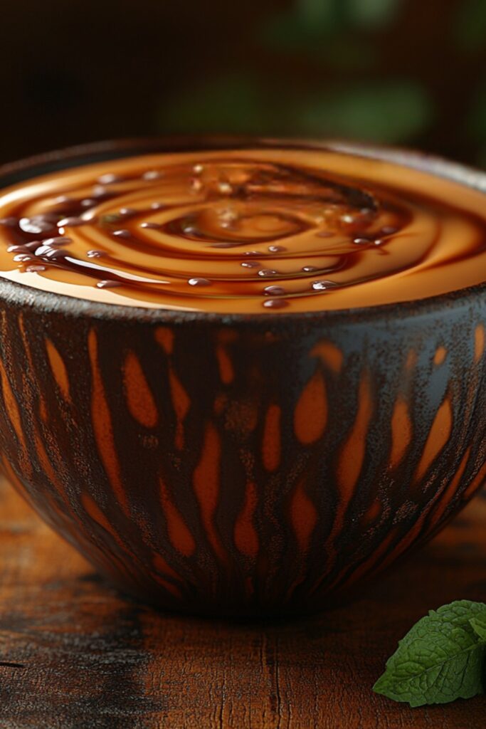 A rich and creamy chocolate avocado pudding topped with dark chocolate chunks and fresh mint leaves, served in a rustic black bowl.