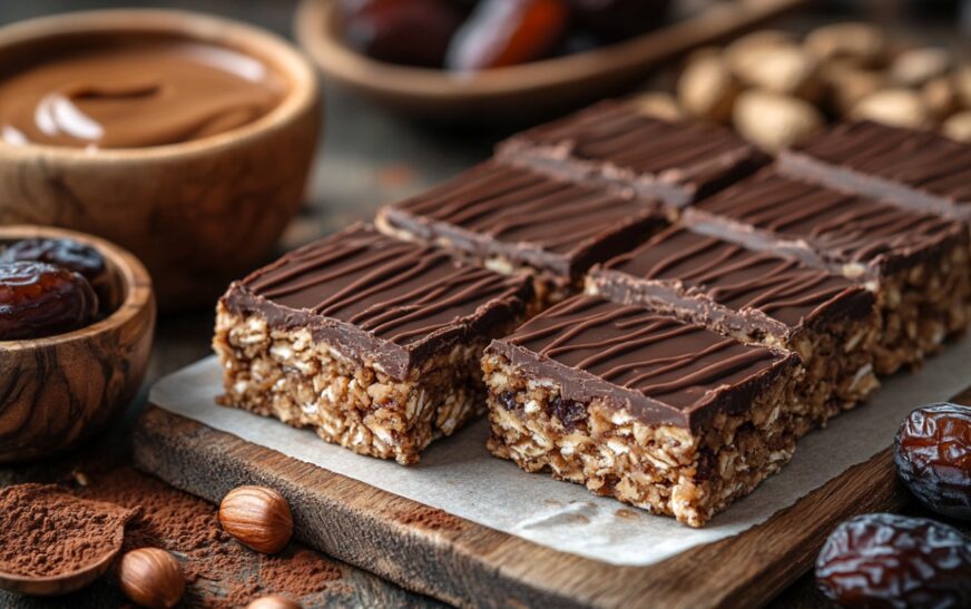 Homemade granola bars with oats, dates, and nuts, topped with a thick layer of dark chocolate and a decorative drizzle, placed on a rustic wooden board.