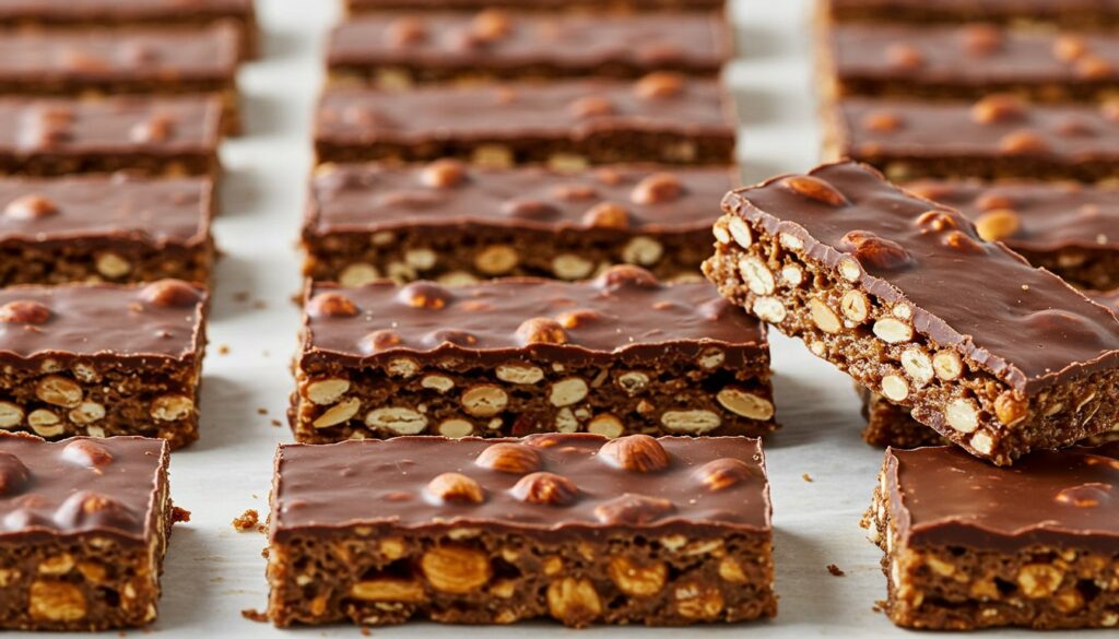 A plate of chocolate almond granola bars with crunchy almonds and a drizzle of melted chocolate.