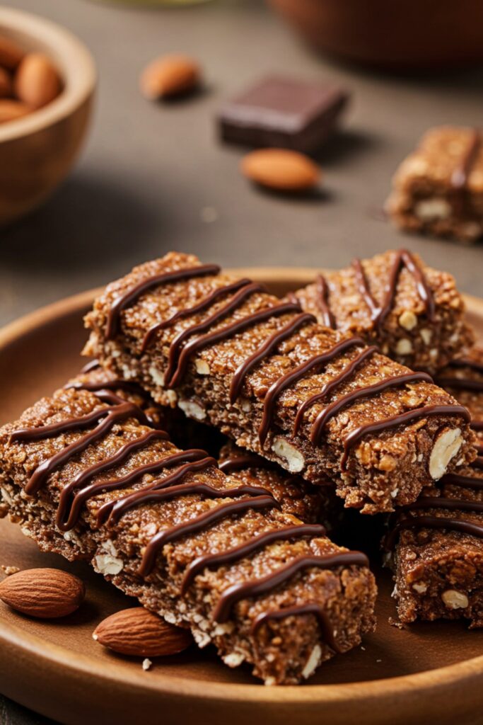 A plate of chocolate almond granola bars drizzled with chocolate, garnished with almonds.