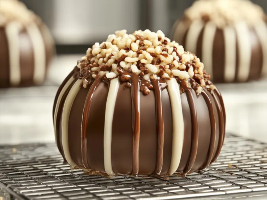 A chocolate bomb dessert with a gooey chocolate center surrounded by chocolate pieces.
