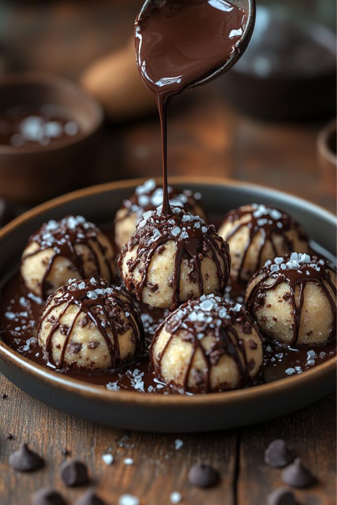 A plate of chocolate chip cookie dough bites drizzled with chocolate and topped with sea salt.