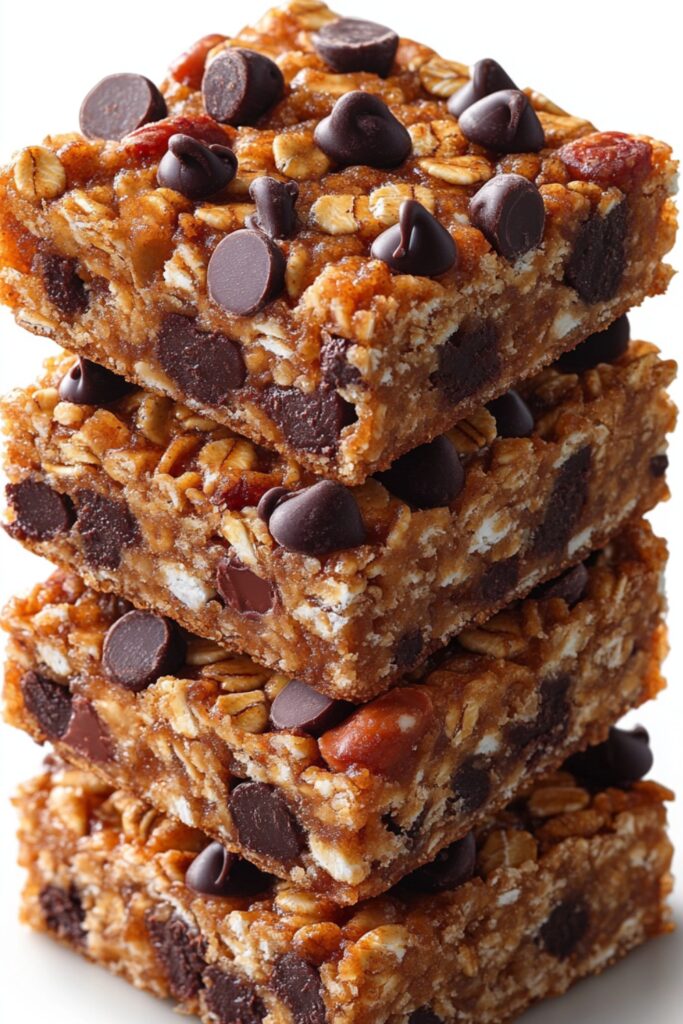 Homemade granola bars loaded with chocolate chips, cut into even squares.